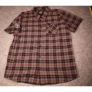 Metal Mulisha Mens 2XL Plaid Short Sleeve Button Down Shirt Red Black Grey Patch